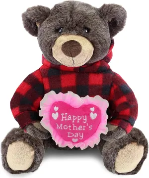 DolliBu Happy Mother's Day Super Soft Plush Brown Bear with Red Plaid Hoodie - Cute Stuffed Animal with Pink Heart Message for Best Mommy, Grandma, Wife, Daughter - 10 Inches