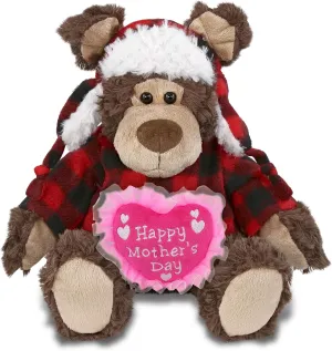 DolliBu Happy Mother's Day Super Soft Plush Red Plaid Outfit Grizzly Bear - Cute Stuffed Animal Present with Pink Heart Message for Best Mommy, Grandma, Wife, Daughter, Cute Plush Toy Gift - 9 Inches