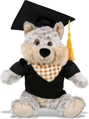 DolliBu Sitting Wolf Graduation Plush Toy - Super Soft Graduation Stuffed Animal Dress Up with Gown and Cap with Tassel Outfit - Gift with Personalization - 9 Inches