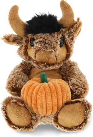 DolliBu Super Soft Sitting Buffalo Stuffed Animal with Pumpkin Decor and Name Personalization - Pumpkin Plush Animal for Fall, Halloween and Thanksgiving - 8 Inches