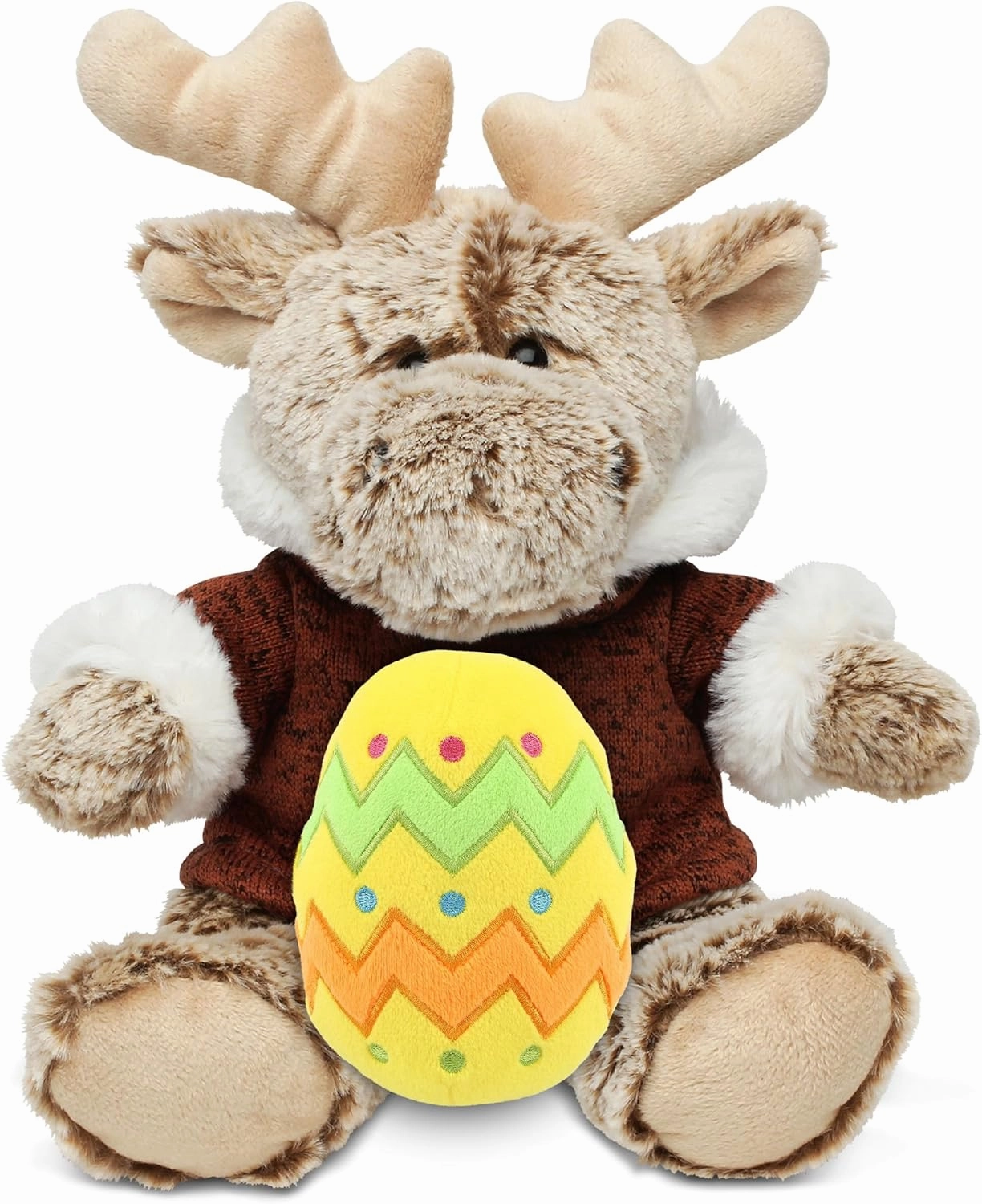 DolliBu Super Soft Sitting Moose with Yellow Easter Egg Plush - Perfect Moose Stuffed Animals for Easter Basket, Cute Easter Egg Stuffed Animal Spring Toys for Girls, Boys, and Babies - 8 Inches