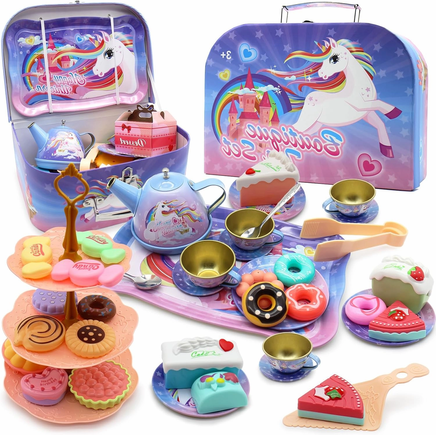 Dollox Kids Tea Party Playsets for Little Girls, Pretend Tin Teapot Set Princess Tea Time Toys Playset with Teapot, Cups, Plates and Carrying Case Birthday Gifts Ideas for Age 3 4 5 6 Years Old Girls
