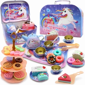 Dollox Kids Tea Party Playsets for Little Girls, Pretend Tin Teapot Set Princess Tea Time Toys Playset with Teapot, Cups, Plates and Carrying Case Birthday Gifts Ideas for Age 3 4 5 6 Years Old Girls
