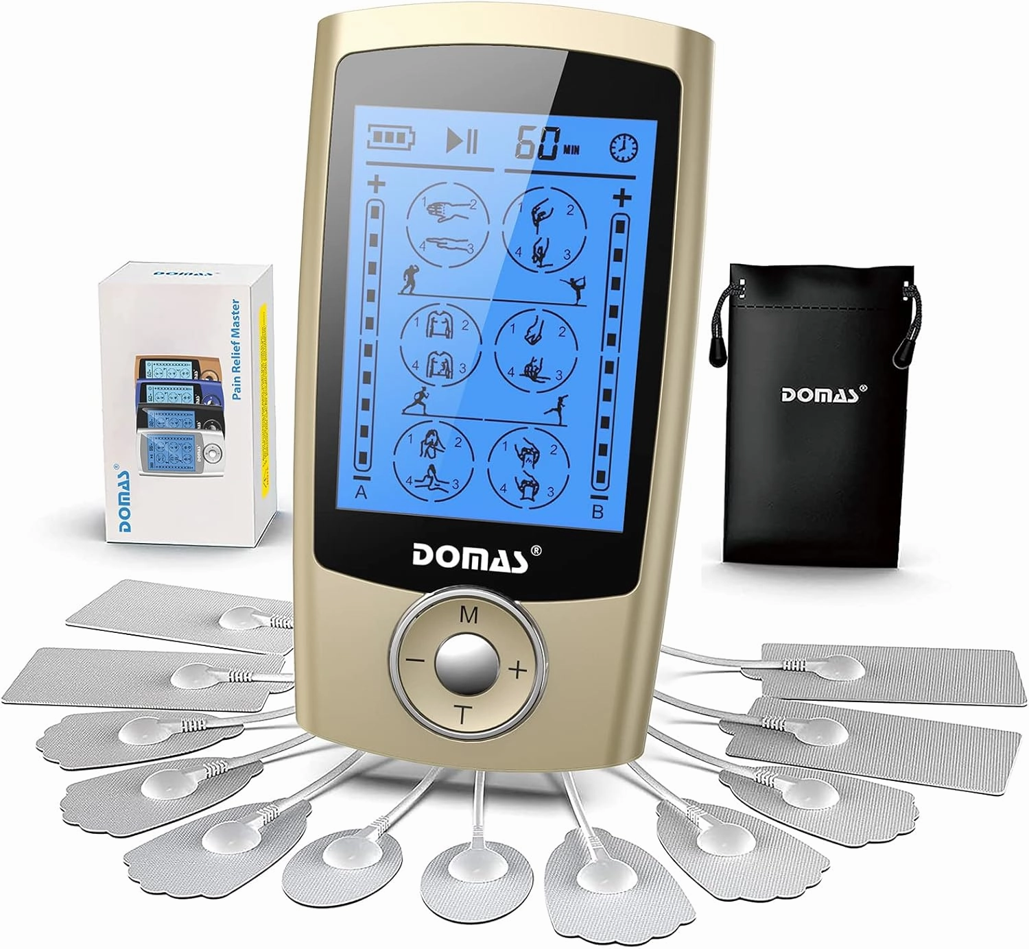 DOMAS TENS Unit Muscle Stimulator, Dual Channel TENS EMS Unit for Pain Relief, Rechargeable 24 Modes TENS Machine Massager with 12 Pads, ABS Pads Holder, USB Cable and Dust-Proof Storage Bag
