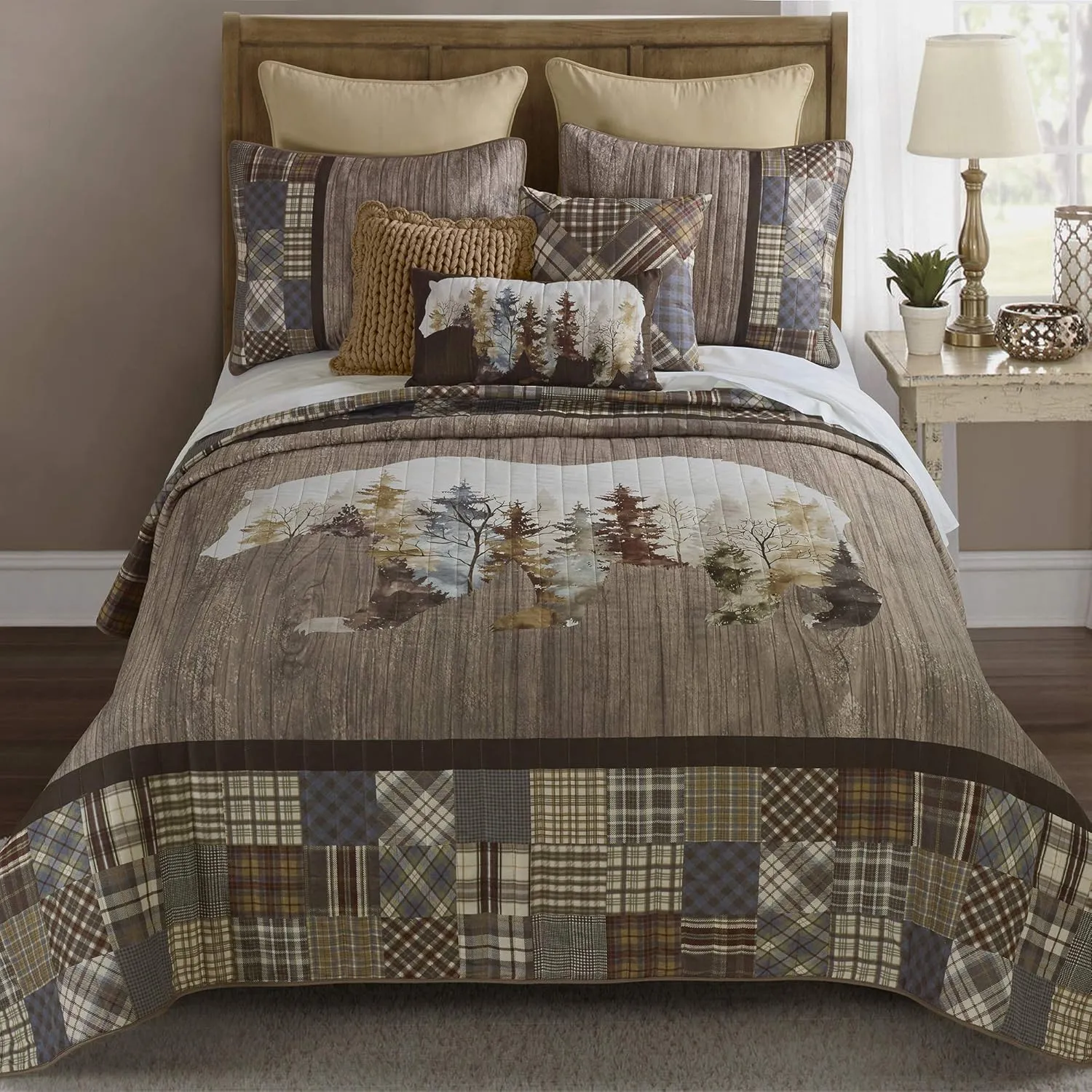 Donna Sharp Full/Queen Chimera Bear Bedding Set - 3 Piece - Ivory, Taupe, Slate Blue, Autumn Gold, Walnut, Olive and Mahogany Quilt 90" x 90" and 2 Standard Pillow Shams 20"x26"