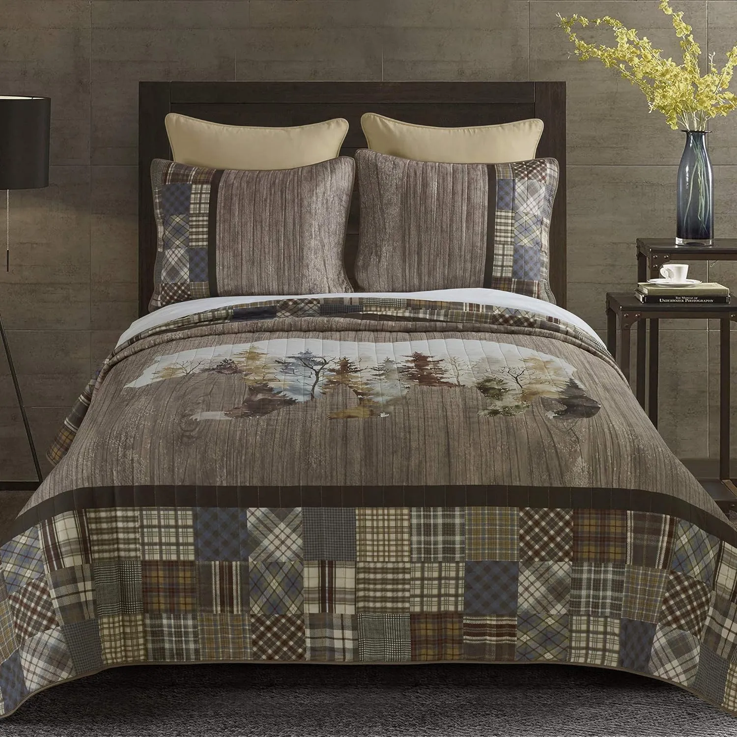 Donna Sharp Full/Queen Chimera Bear Bedding Set - 3 Piece - Ivory, Taupe, Slate Blue, Autumn Gold, Walnut, Olive and Mahogany Quilt 90" x 90" and 2 Standard Pillow Shams 20"x26"