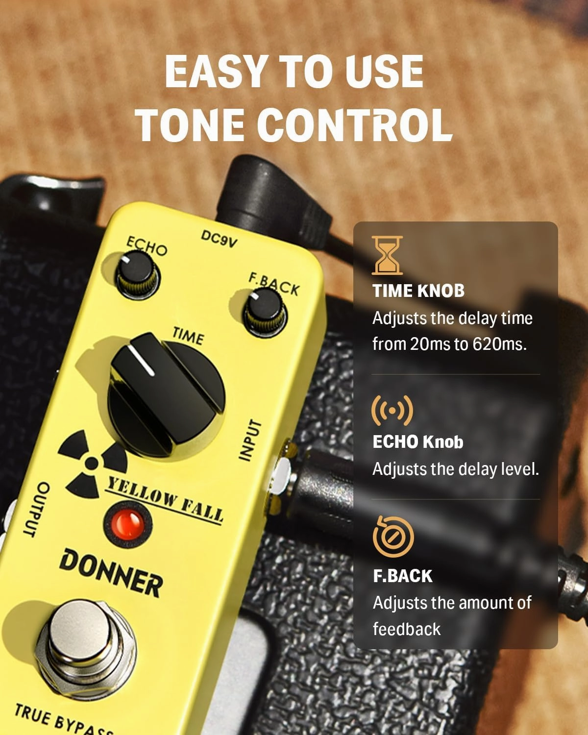 Donner Guitar Delay Pedal for Pedal Boards, Electric Guitar, Yellow Fall Analog Delay Mini Guitar Effect Pedal Vintage Delay, True Bypass