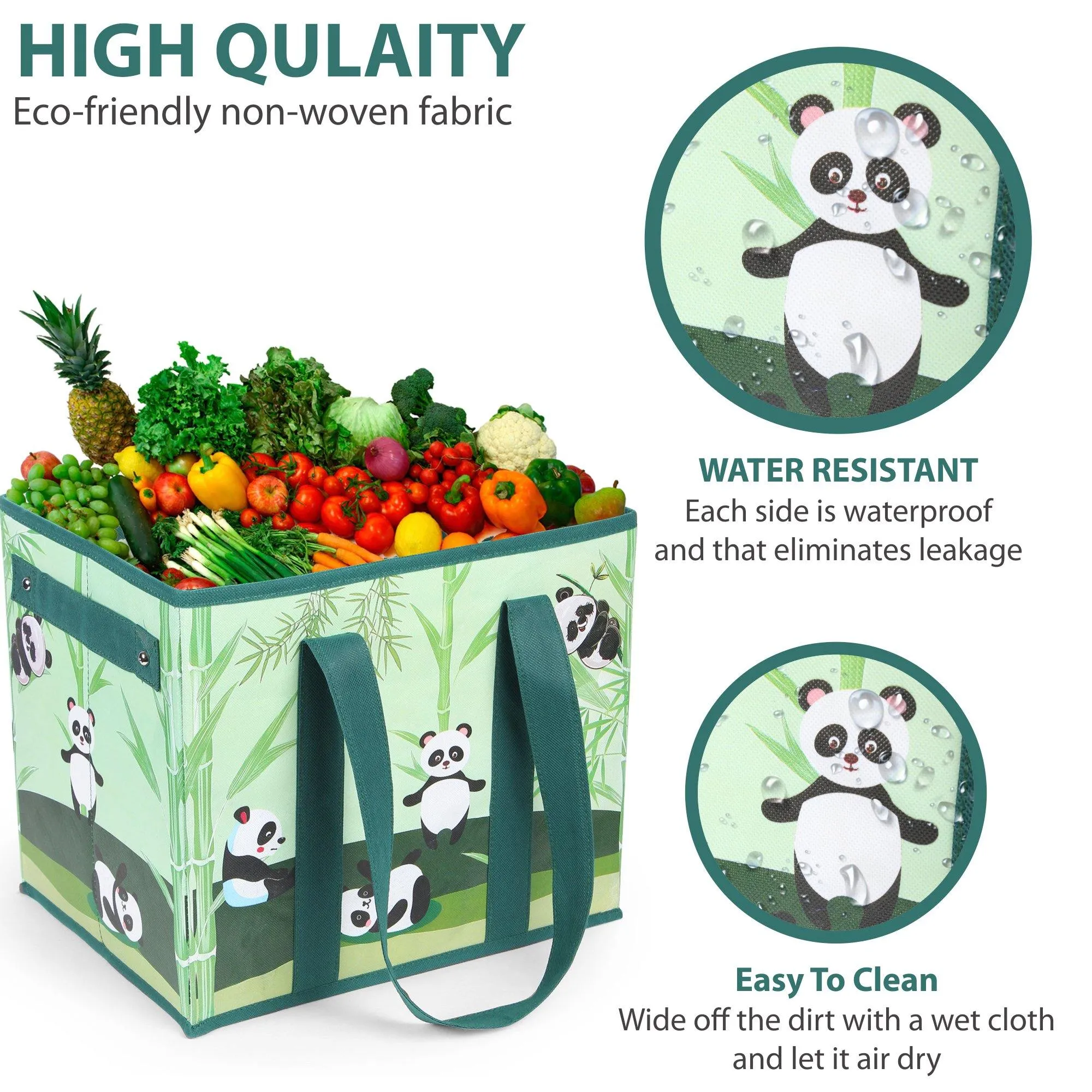 DOUBLE R BAGS Collapsible Reusable Grocery Shopping Bags / Storage Cube (Panda)