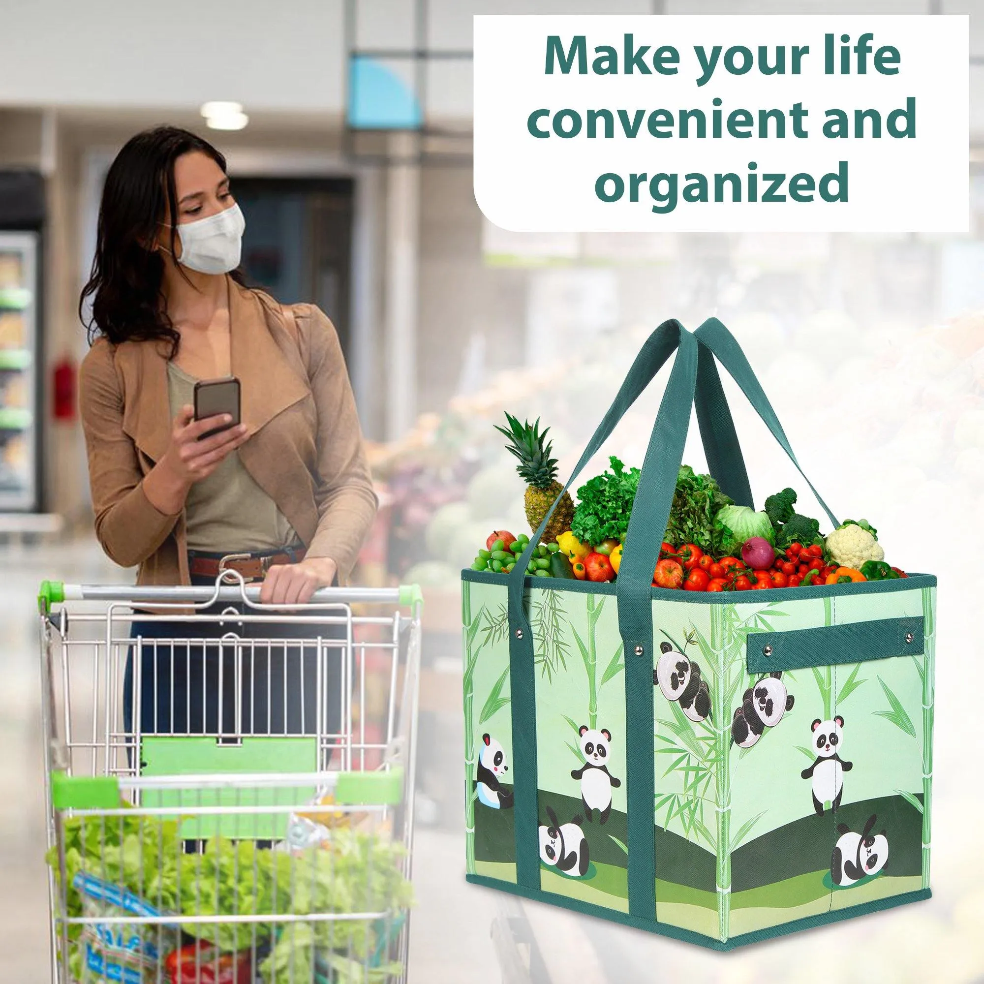 DOUBLE R BAGS Collapsible Reusable Grocery Shopping Bags / Storage Cube (Panda)