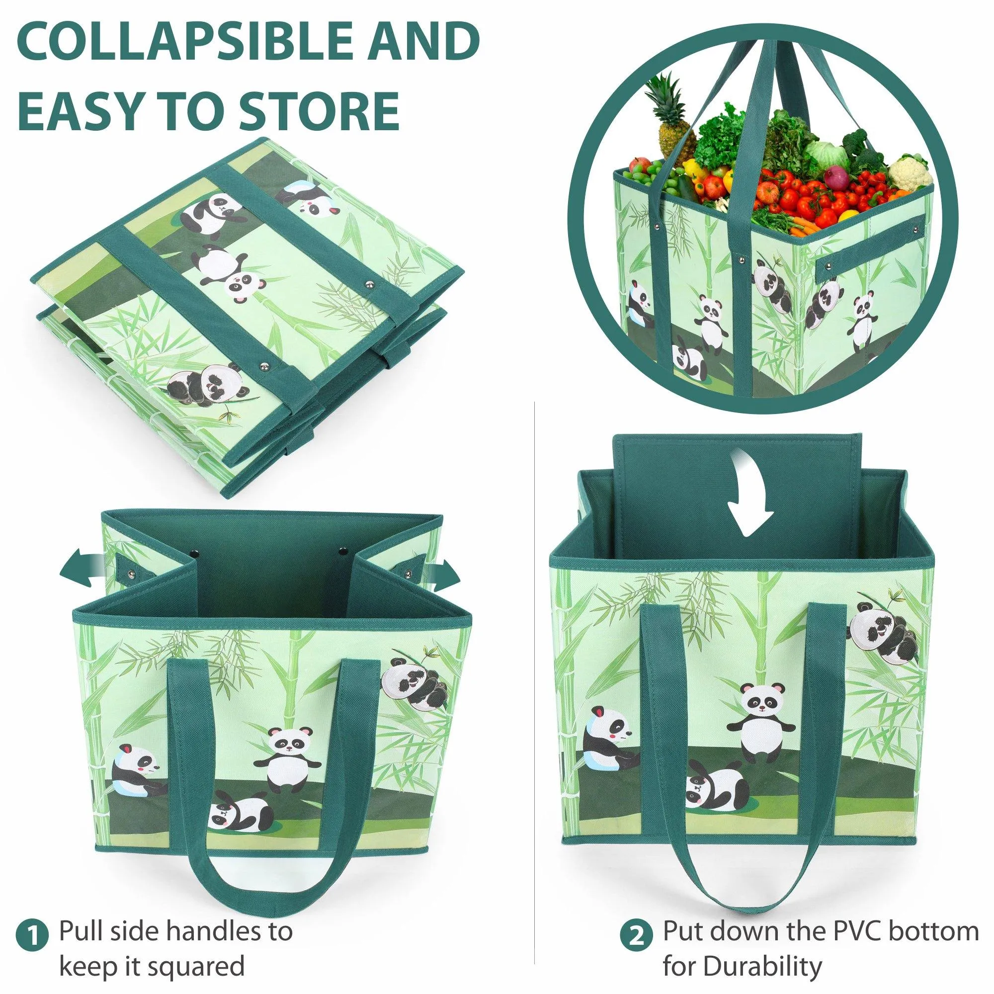 DOUBLE R BAGS Collapsible Reusable Grocery Shopping Bags / Storage Cube (Panda)