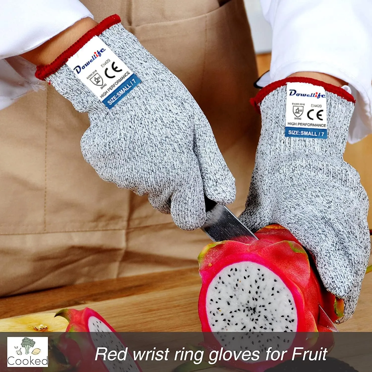 Dowellife Cut Resistant Gloves Food Grade Level 5 Protection, Safety Kitchen Cuts Gloves for Oyster Shucking, Fish Fillet Processing, Mandolin Slicing, Meat Cutting and Wood Carving. (X-Large-2 Pairs)