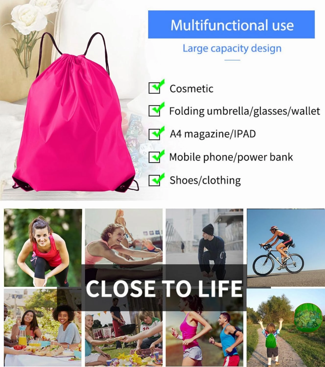 Drawstring Backpacks, 20 Pack Bulk Drawstring Bags, Cinch Bags for Outdoor Sports,travel storage bag,gift bag- Fuchsia