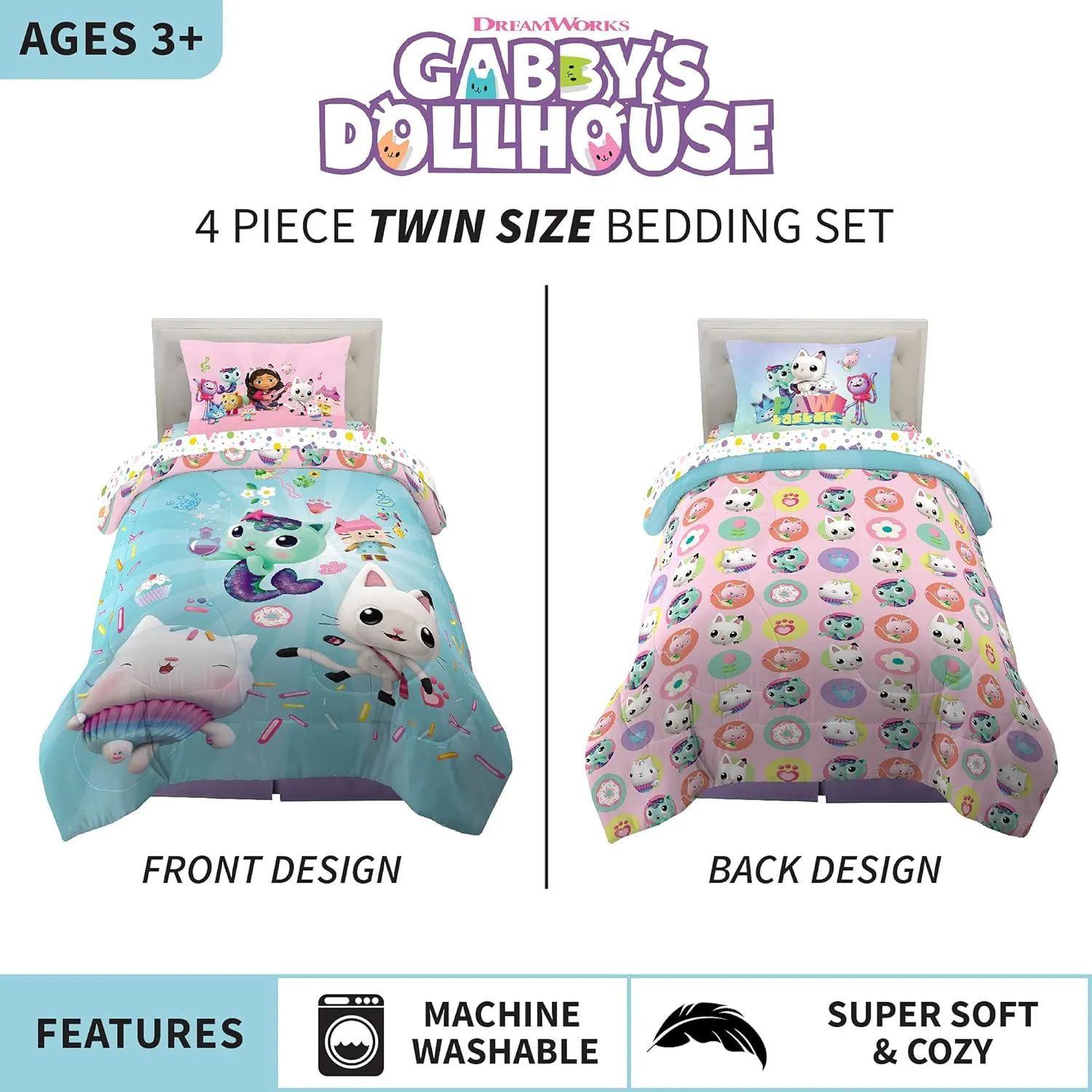 DreamWorks Gabby's Dollhouse Cakey, MerCat And Pandy Kids Bedding Super Soft Comforter And Sheet Set, 4 Piece Twin Size, By Franco