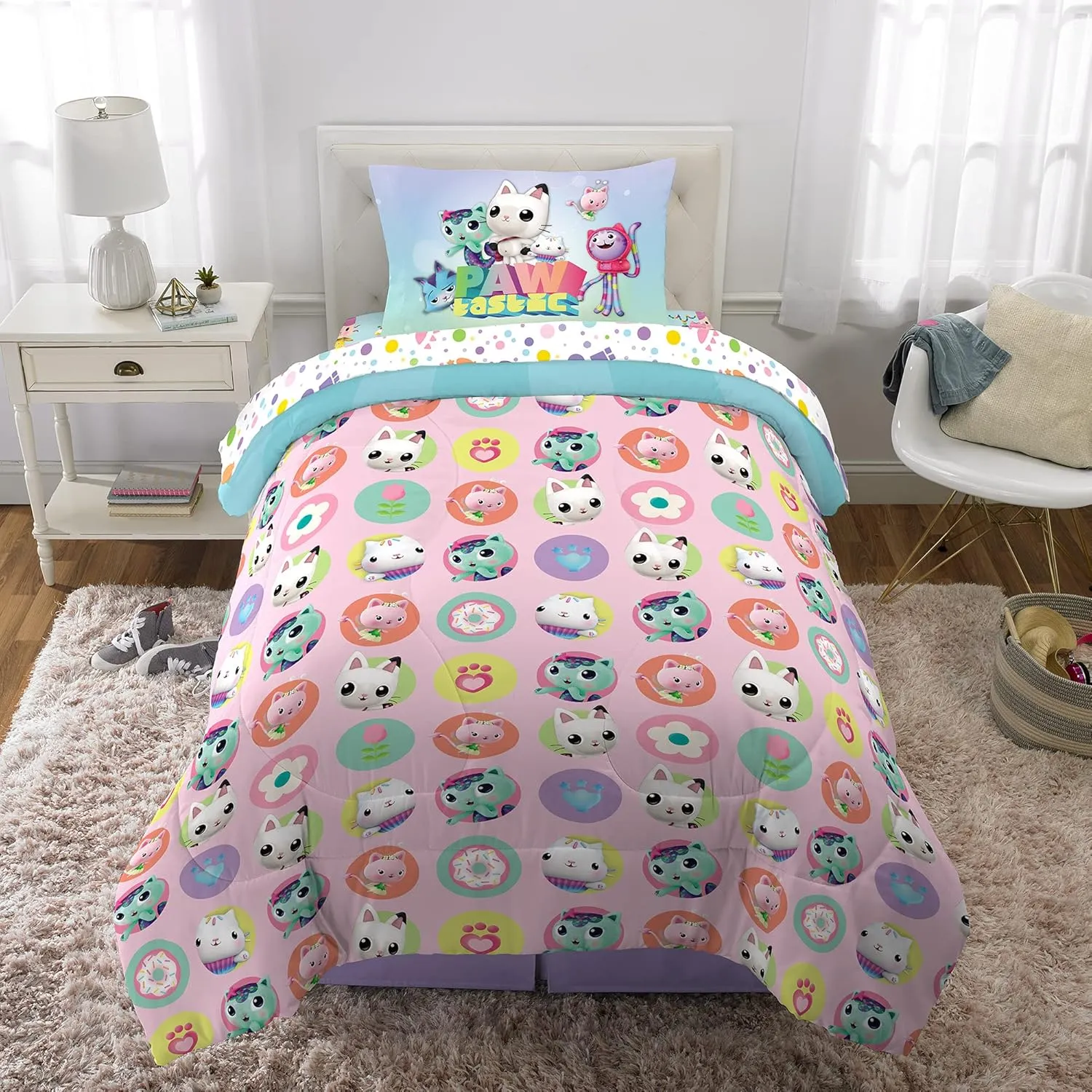 DreamWorks Gabby's Dollhouse Cakey, MerCat And Pandy Kids Bedding Super Soft Comforter And Sheet Set, 4 Piece Twin Size, By Franco