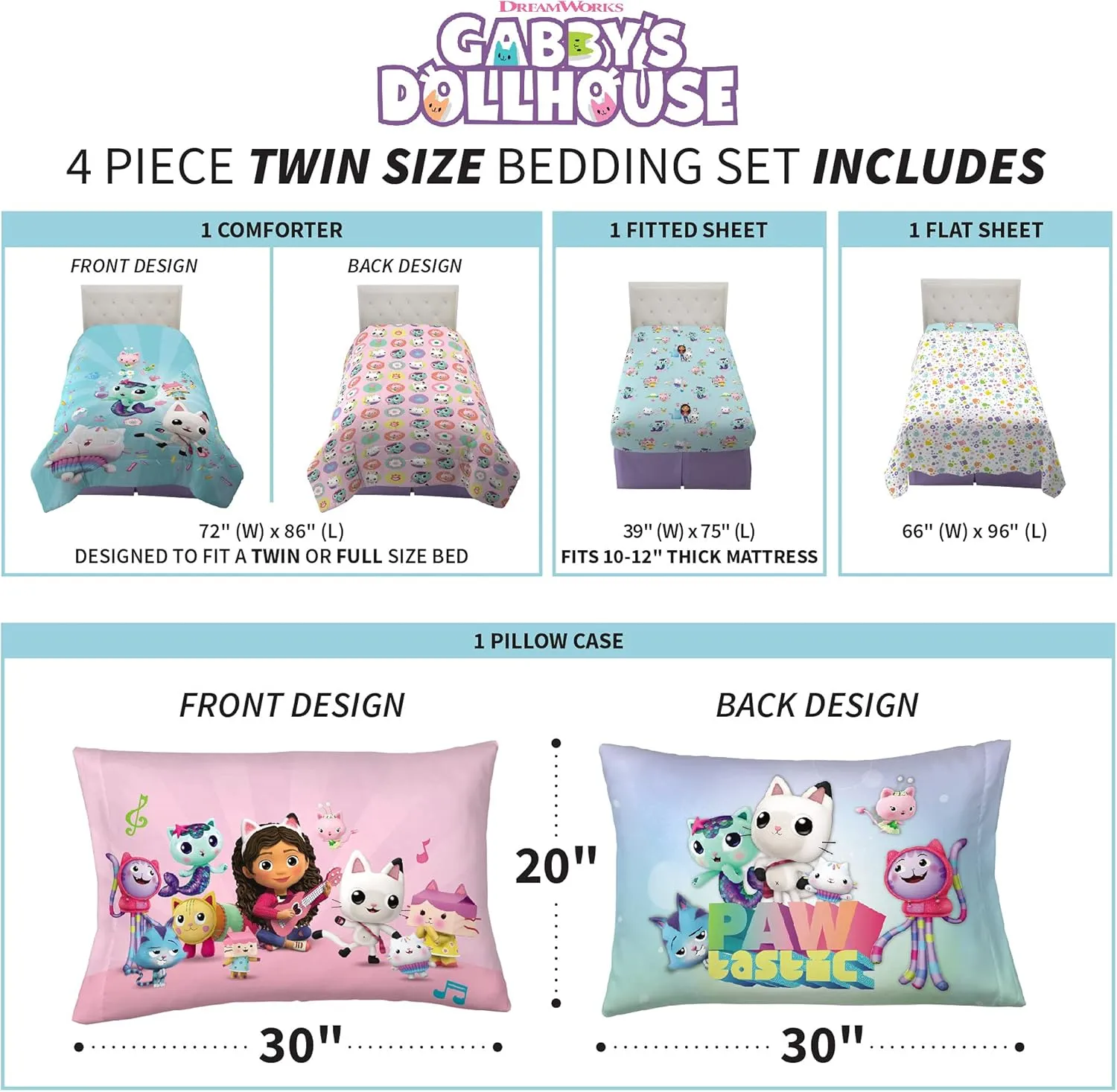 DreamWorks Gabby's Dollhouse Cakey, MerCat And Pandy Kids Bedding Super Soft Comforter And Sheet Set, 4 Piece Twin Size, By Franco