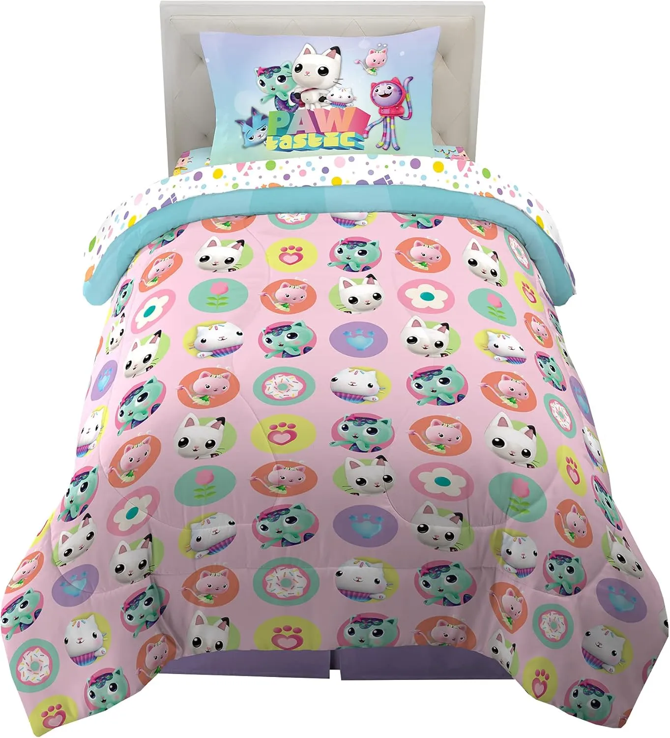 DreamWorks Gabby's Dollhouse Cakey, MerCat And Pandy Kids Bedding Super Soft Comforter And Sheet Set, 4 Piece Twin Size, By Franco