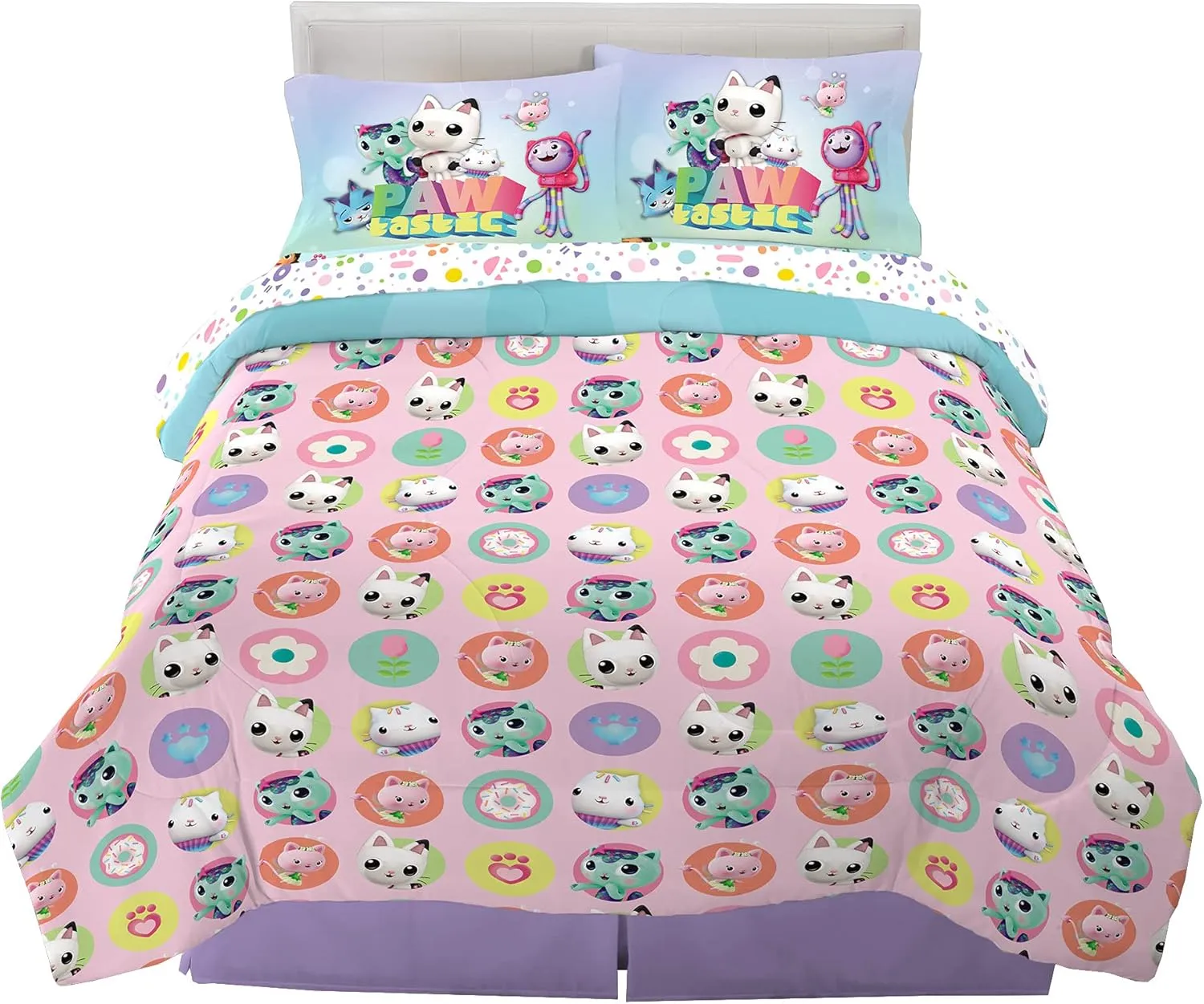 DreamWorks Gabby's Dollhouse Cakey, MerCat And Pandy Kids Bedding Super Soft Comforter And Sheet Set, 5 Piece Full Size, By Franco.