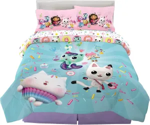 DreamWorks Gabby's Dollhouse Cakey, MerCat And Pandy Kids Bedding Super Soft Comforter And Sheet Set, 5 Piece Full Size, By Franco.