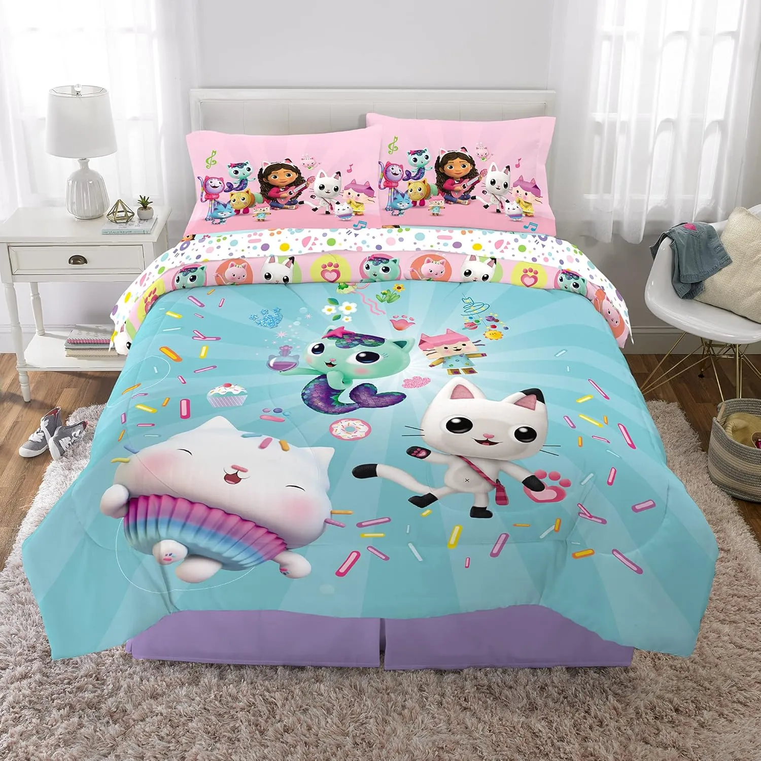 DreamWorks Gabby's Dollhouse Cakey, MerCat And Pandy Kids Bedding Super Soft Comforter And Sheet Set, 5 Piece Full Size, By Franco.