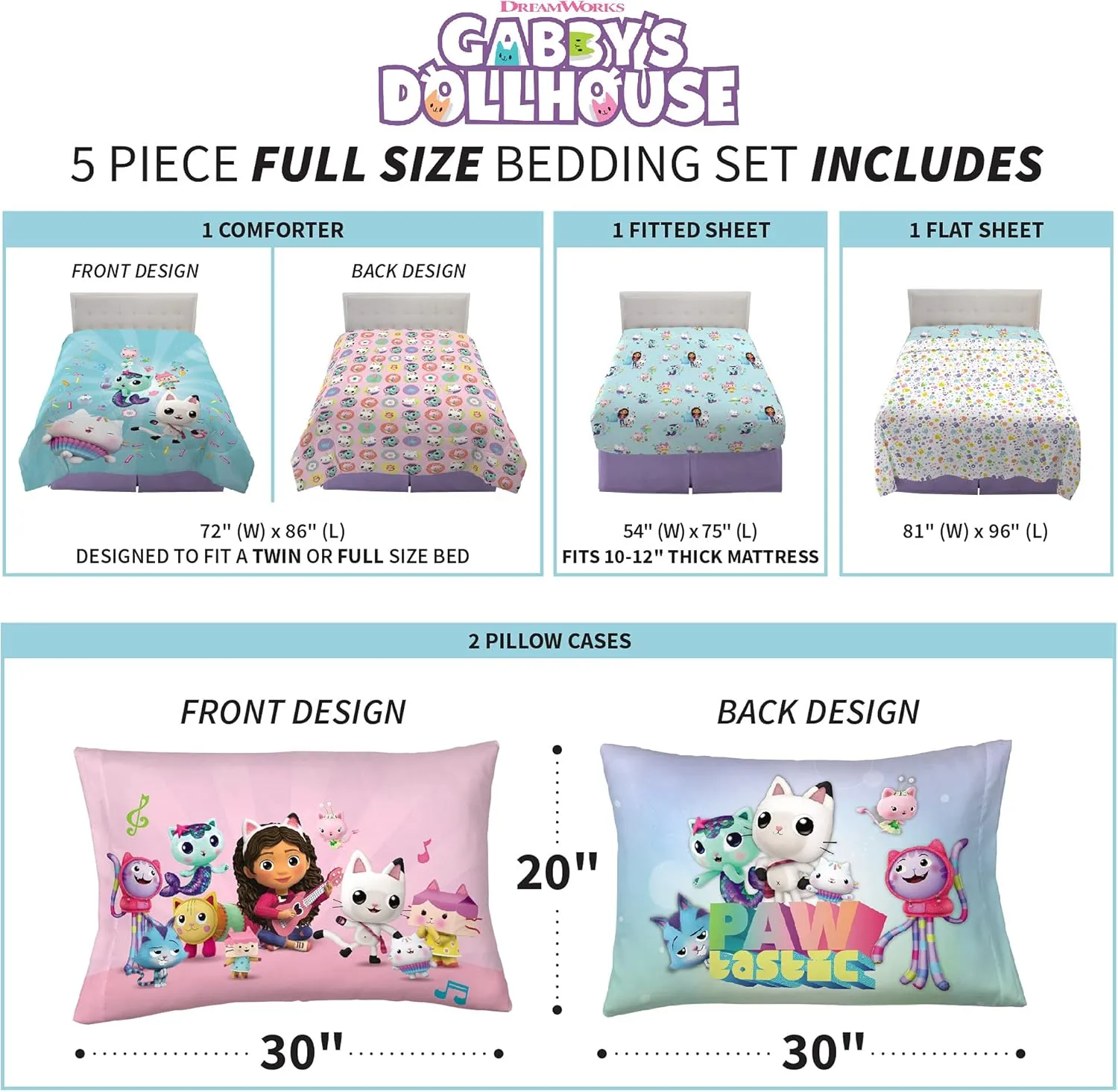 DreamWorks Gabby's Dollhouse Cakey, MerCat And Pandy Kids Bedding Super Soft Comforter And Sheet Set, 5 Piece Full Size, By Franco.