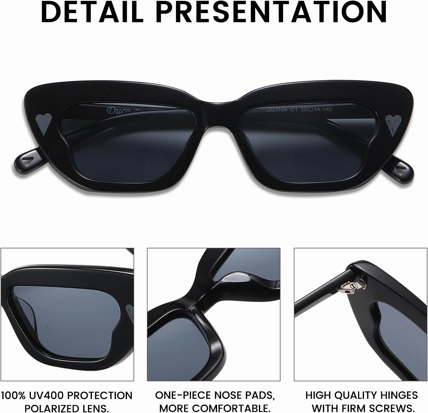 DUCO Small Cat Eye Sunglasses for Women Retro Narrow Polarized Sun Glasses Mylove Designer Rectangle Frame UV400 Lens DC1104