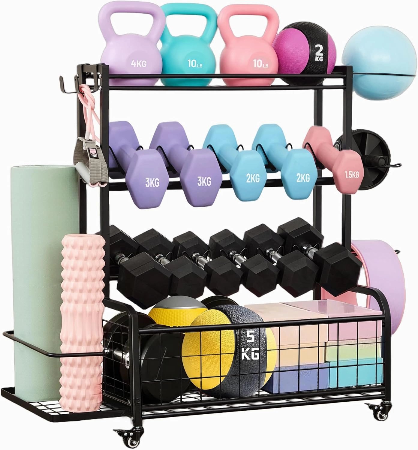 Dumbbell Rack, 400LBS Weight Rack for Dumbbells Kettlebells, Adjustable Home Gym Storage for Yoga Mat&Ball Foam, All in One Workout Equipment Storage with 4 Hooks Wheels for Yoga Studio Home