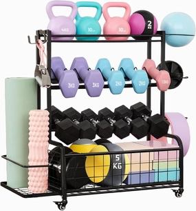 Dumbbell Rack, 400LBS Weight Rack for Dumbbells Kettlebells, Adjustable Home Gym Storage for Yoga Mat&Ball Foam, All in One Workout Equipment Storage with 4 Hooks Wheels for Yoga Studio Home