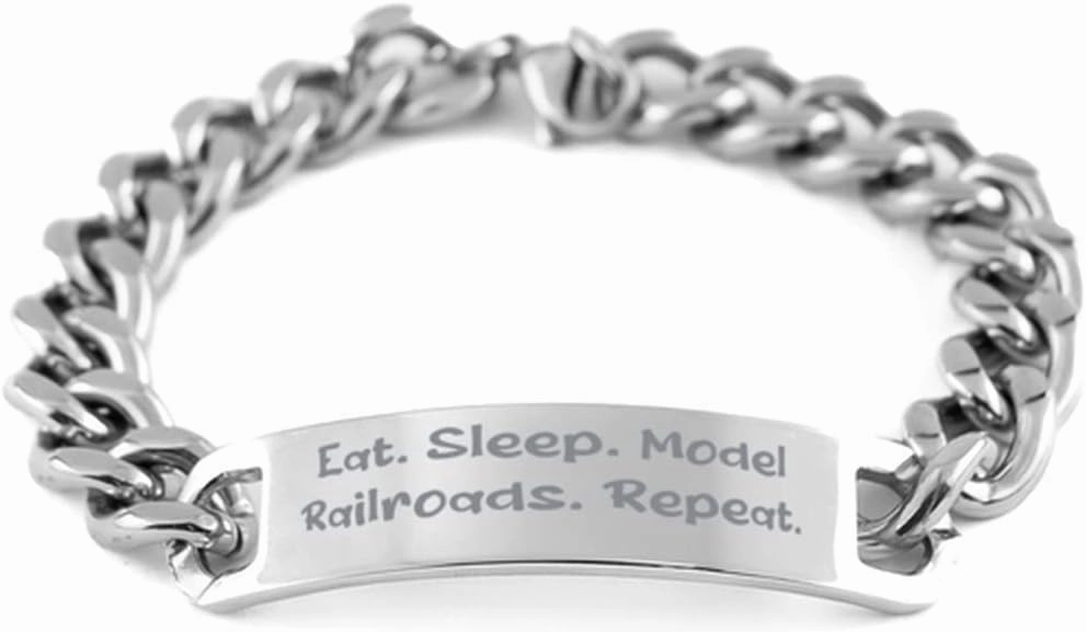 Eat. Sleep. Model Railroads. Model Railroads Cuban Chain Bracelet, Reusable Model Railroads Gifts, Engraved Bracelet for Friends, Model Railways, Train Sets, Toy Trains, Railroad Accessories, Track