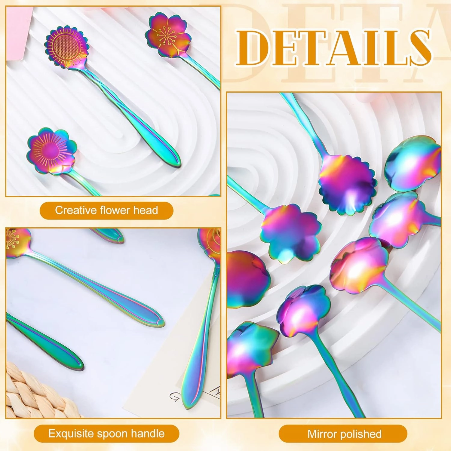 EBOOT 40 Pcs Rainbow Flower Teaspoon Stainless Steel Tea Party Spoons Mini Cute Teaspoon for Stirring Coffee Sugar Drink Demitasse Kitchen Cafe Bar Tableware Party Favors Decor