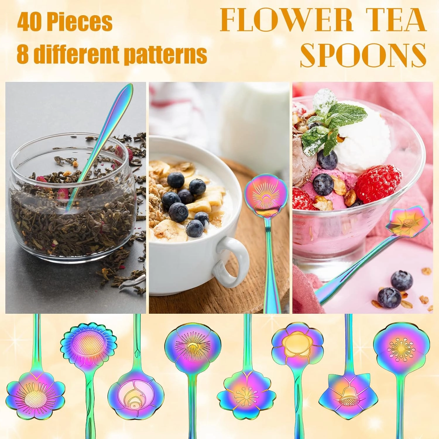 EBOOT 40 Pcs Rainbow Flower Teaspoon Stainless Steel Tea Party Spoons Mini Cute Teaspoon for Stirring Coffee Sugar Drink Demitasse Kitchen Cafe Bar Tableware Party Favors Decor