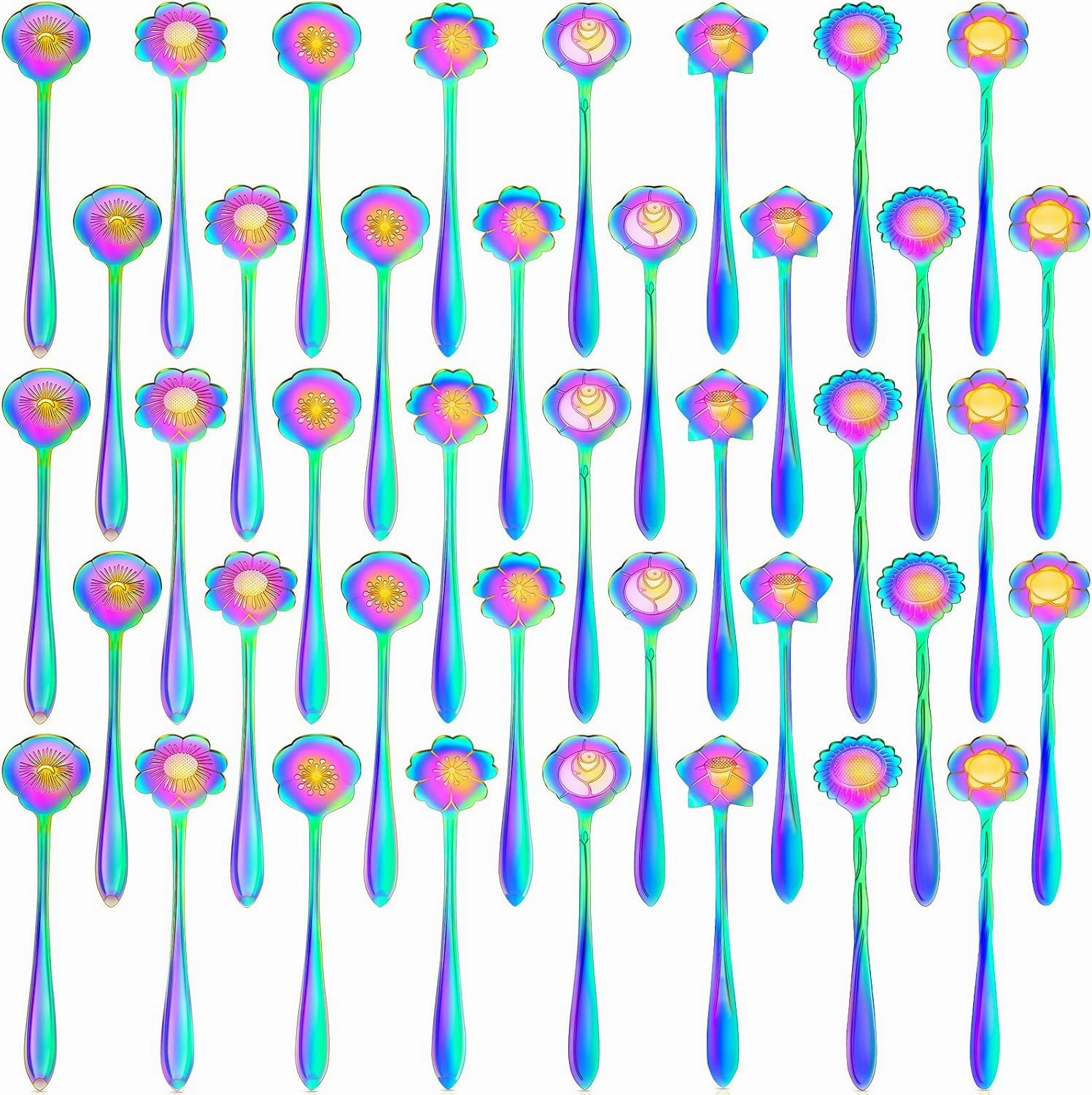 EBOOT 40 Pcs Rainbow Flower Teaspoon Stainless Steel Tea Party Spoons Mini Cute Teaspoon for Stirring Coffee Sugar Drink Demitasse Kitchen Cafe Bar Tableware Party Favors Decor
