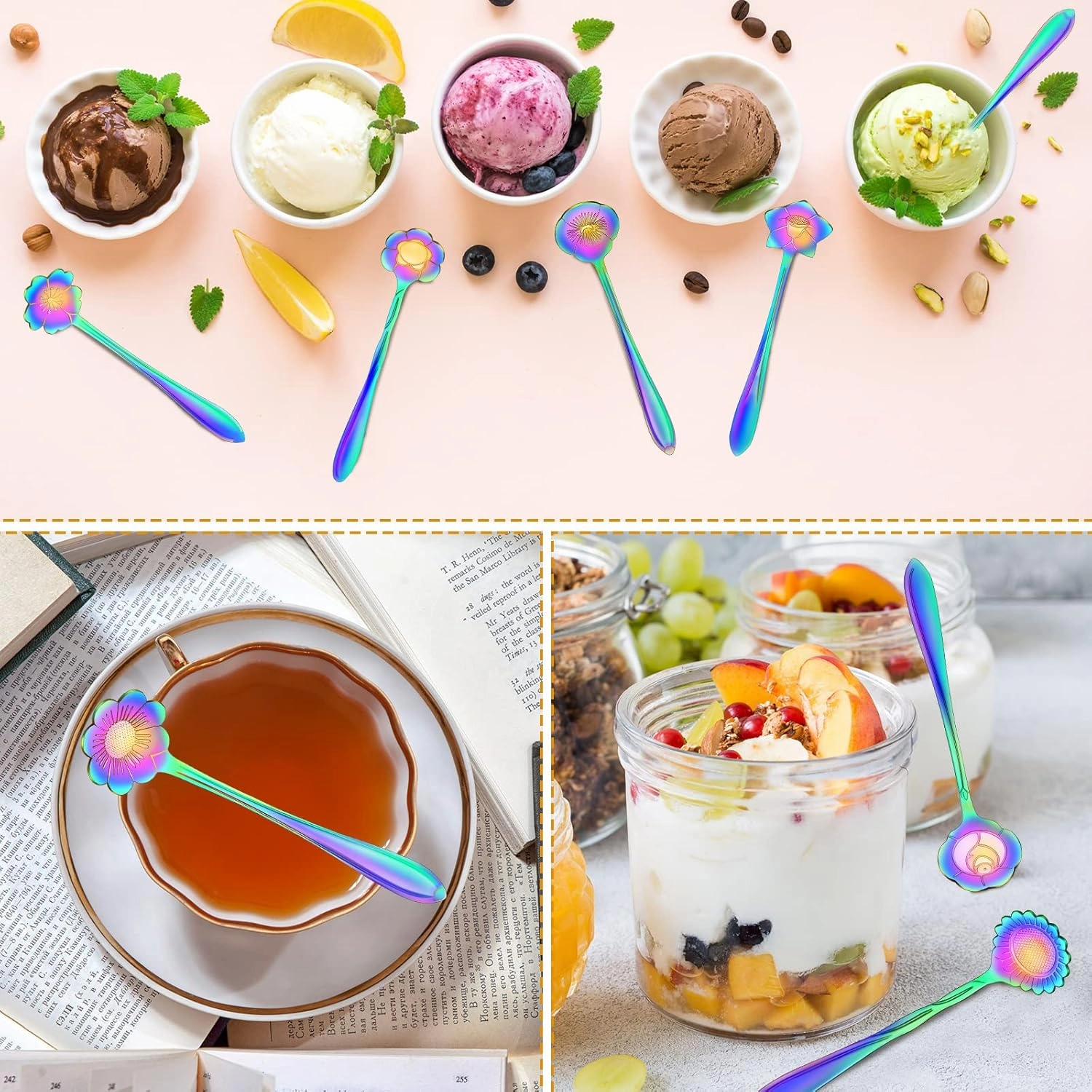 EBOOT 40 Pcs Rainbow Flower Teaspoon Stainless Steel Tea Party Spoons Mini Cute Teaspoon for Stirring Coffee Sugar Drink Demitasse Kitchen Cafe Bar Tableware Party Favors Decor