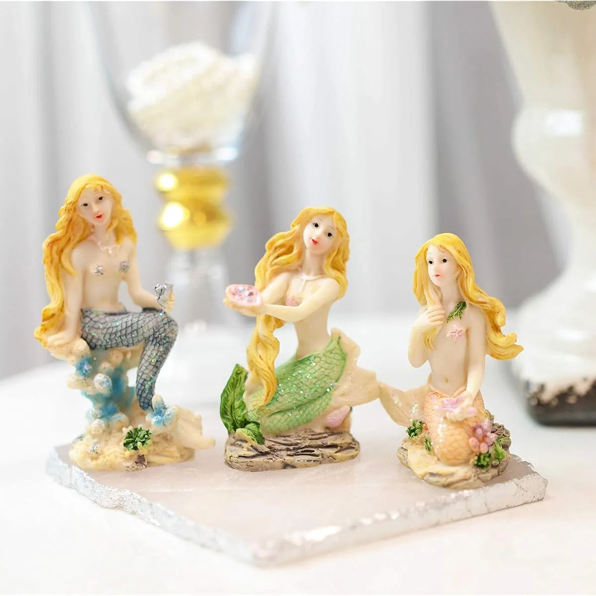 Ebros Whimsical Sea Blonde Hair Mermaid and Colorful Tail Sitting Small Dollhouse Miniature Figures Set of 3 DIY Fairy Garden Mermaid Fantasy Collection Home Decoration