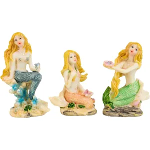 Ebros Whimsical Sea Blonde Hair Mermaid and Colorful Tail Sitting Small Dollhouse Miniature Figures Set of 3 DIY Fairy Garden Mermaid Fantasy Collection Home Decoration