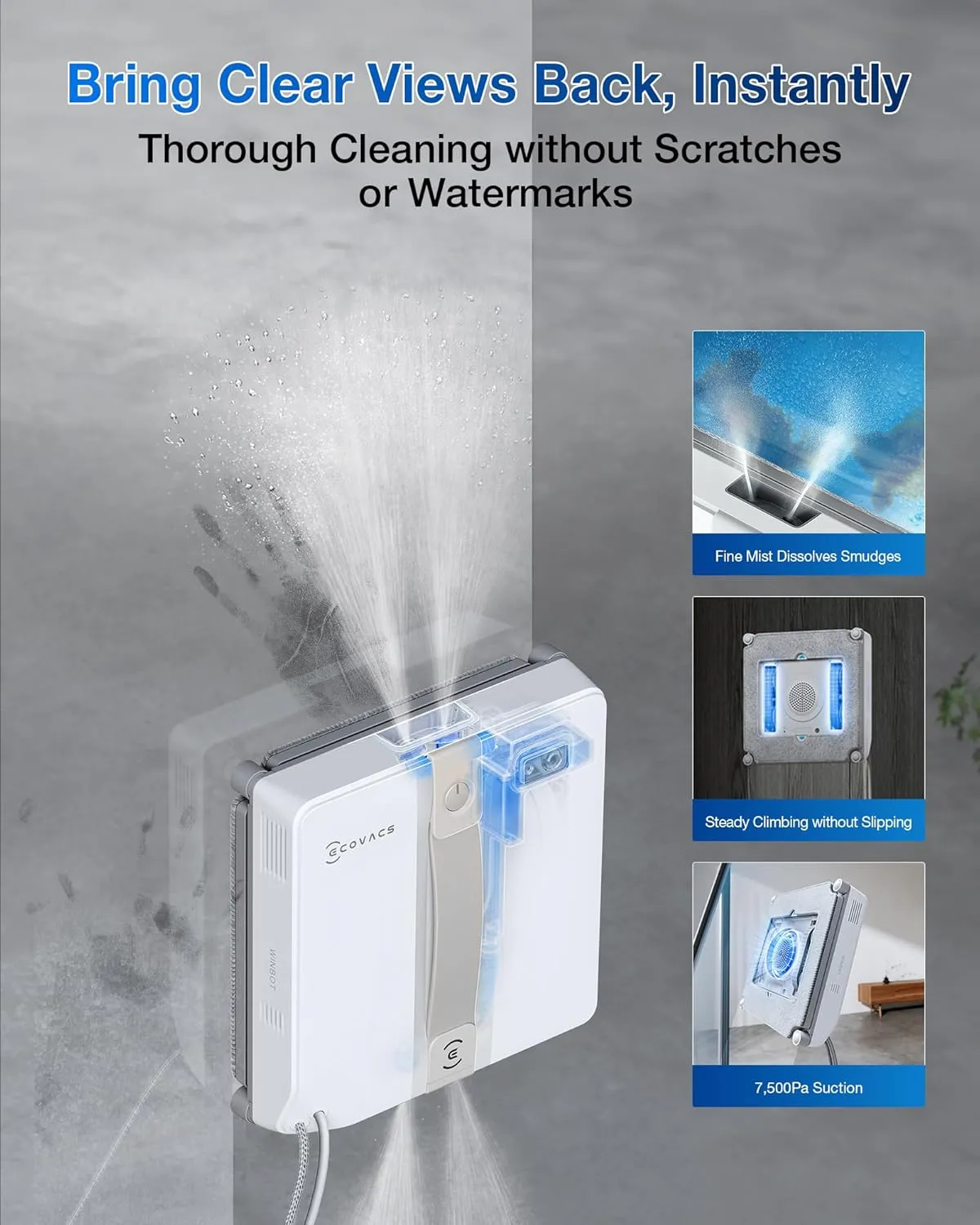 ECOVACS WINBOT Mini Window Cleaning Robot - Compact Design, Dual Nozzles with Ultrasonic Spray, 9-Stage Protection System, Intelligent Path Planning, 3 Cleaning Modes, Anti-Slipping System
