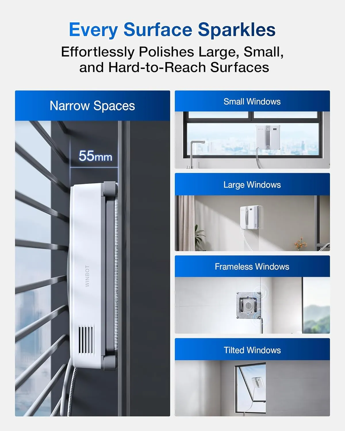 ECOVACS WINBOT Mini Window Cleaning Robot - Compact Design, Dual Nozzles with Ultrasonic Spray, 9-Stage Protection System, Intelligent Path Planning, 3 Cleaning Modes, Anti-Slipping System