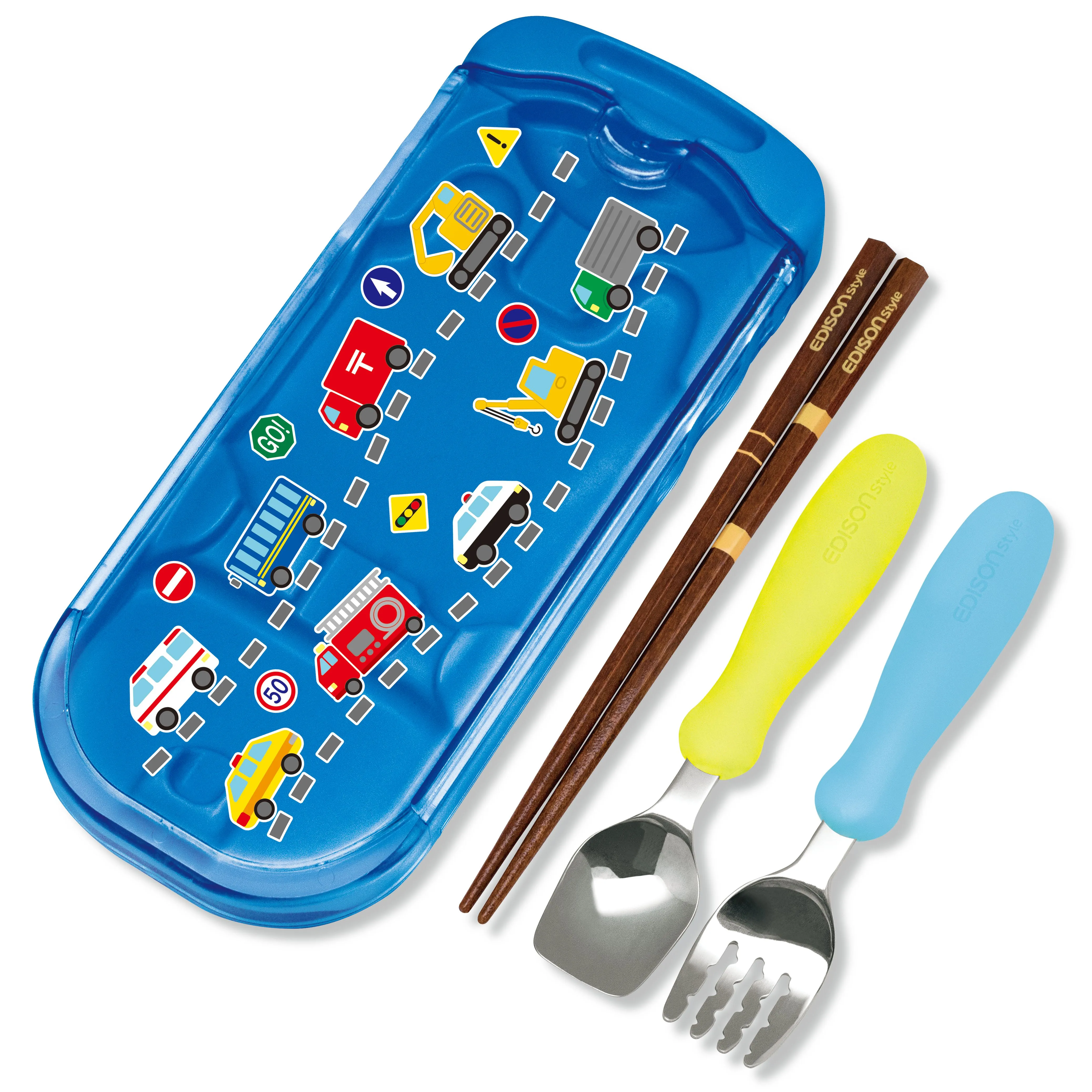EDISONmama Portable Cutlery Set (Fork, Spoon, Chopsticks) - Blue Car Pattern
