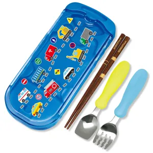 EDISONmama Portable Cutlery Set (Fork, Spoon, Chopsticks) - Blue Car Pattern