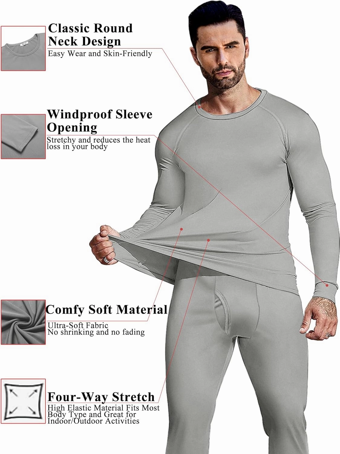Ekouaer Men's Long Johns Thermal Underwear Comfy Soft Elastic Fabric Base Layer Set Cold Weather Warm Top and Bottom