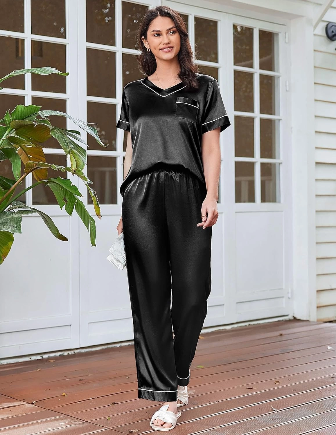 Ekouaer Satin Pajamas for Women Short Sleeve Silk Pajama Sets Soft Sleepwear Top with Causal Long Pj Pant