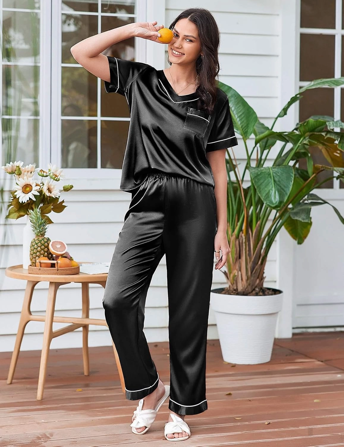Ekouaer Satin Pajamas for Women Short Sleeve Silk Pajama Sets Soft Sleepwear Top with Causal Long Pj Pant