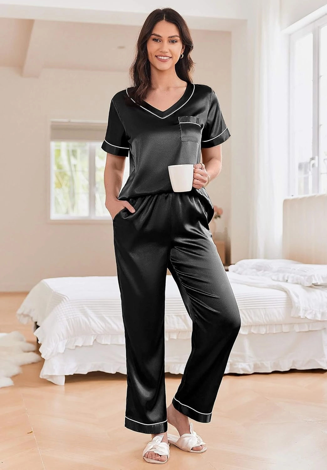 Ekouaer Satin Pajamas for Women Short Sleeve Silk Pajama Sets Soft Sleepwear Top with Causal Long Pj Pant