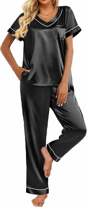 Ekouaer Satin Pajamas for Women Short Sleeve Silk Pajama Sets Soft Sleepwear Top with Causal Long Pj Pant