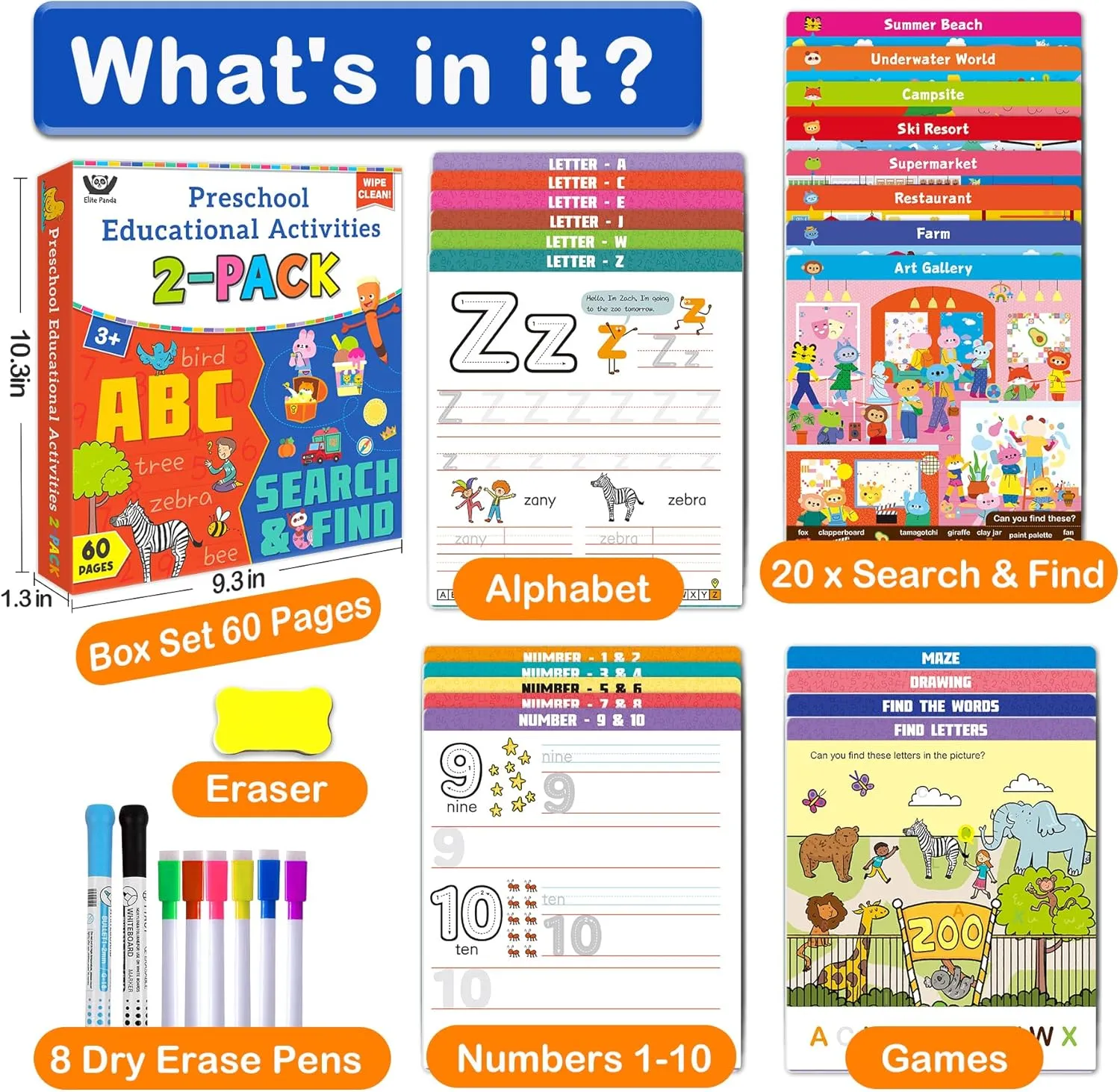 Elite Panda Preschool Learning Activities 60 Reusable Pages - Kindergarten Workbook with Search and Find Games, Letter & Number Tracing Book, Montessori Educational Toys for Kids Ages 3, 4, 5, 6 Gifts