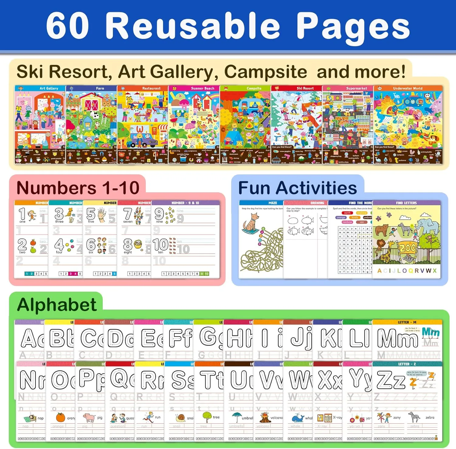 Elite Panda Preschool Learning Activities 60 Reusable Pages - Kindergarten Workbook with Search and Find Games, Letter & Number Tracing Book, Montessori Educational Toys for Kids Ages 3, 4, 5, 6 Gifts