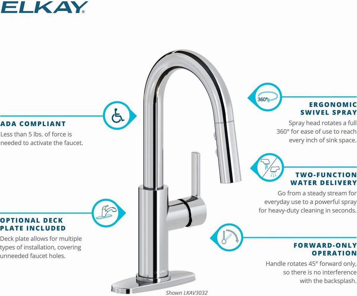 Elkay Avado Single Hole Bar Faucet with Pull-down Spray and Lever Handle, Lustrous Steel