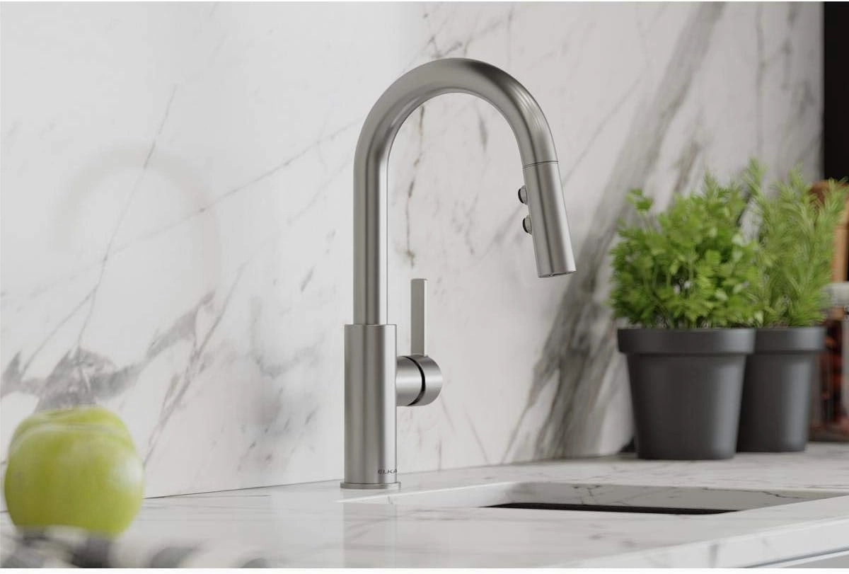 Elkay Avado Single Hole Bar Faucet with Pull-down Spray and Lever Handle, Lustrous Steel