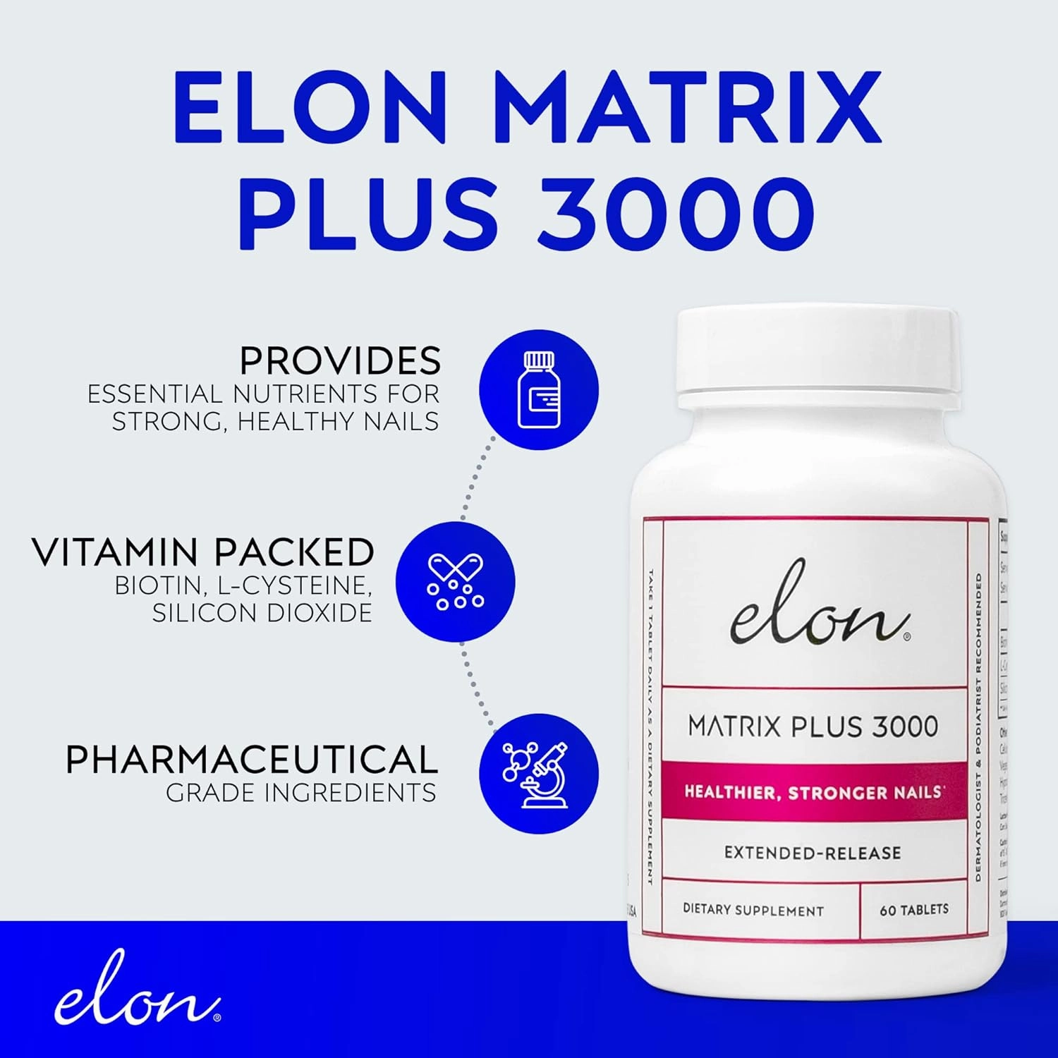 Elon Matrix Plus 3000 Biotin Vitamins for Nail Strengthening and Growth (120 Day Supply) - Healthy & Strong Nails - Biotin Supplement - Extended Release