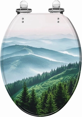 Elongated Toilet Seat Mountain covered coniferous fir tree forest Scenic landscape Quiet Close Strong Stainless Steel Hinges Resin Toilet Seat Easy to Install Easy to Clean