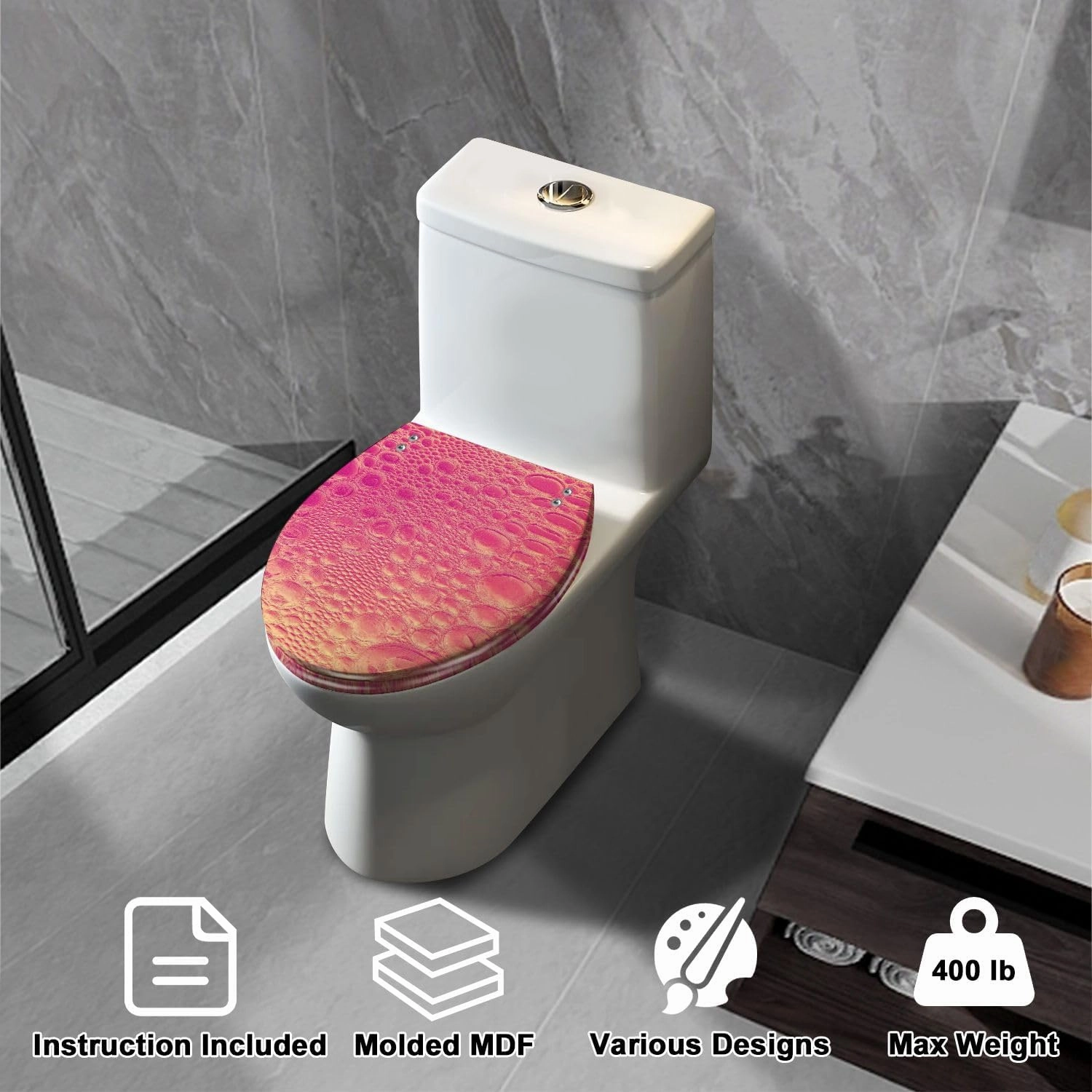 Elongated Toilet Seat Pink Gold Bubble Foam Bead Abstract Dinosaur Lizard Snake Skin Luxury Quiet Close Strong Stainless Steel Hinges Resin Toilet Seat Easy to Install Easy to Clean